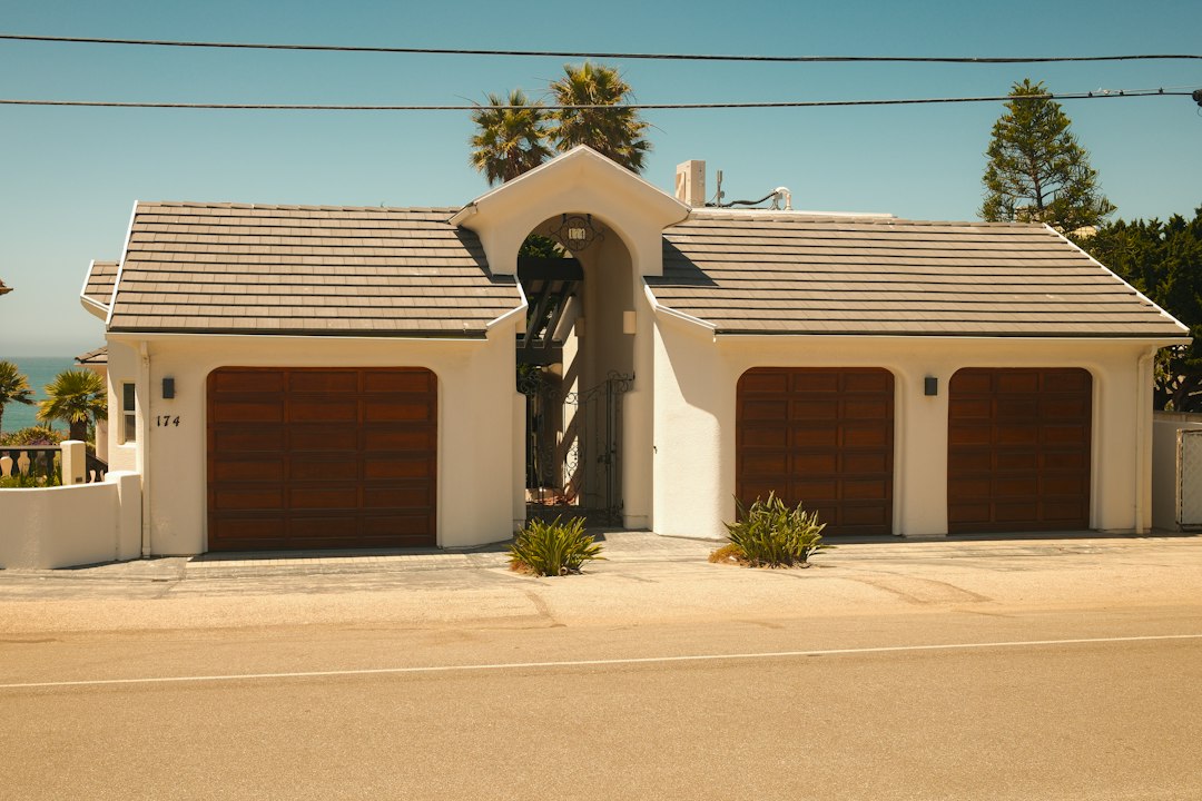 Two-car garage with sectional garage doors on a suburban house